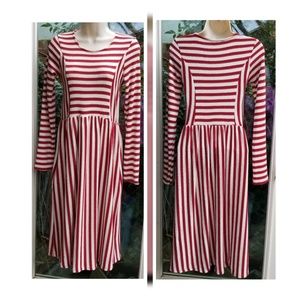 - Burgundy/Cream Stripe Dress with Pockets